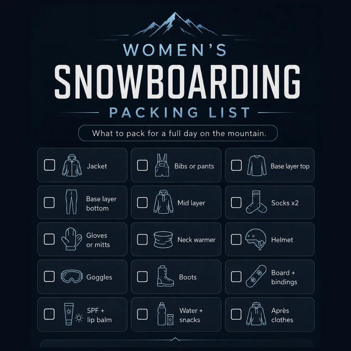 Womens snowboarding packing list