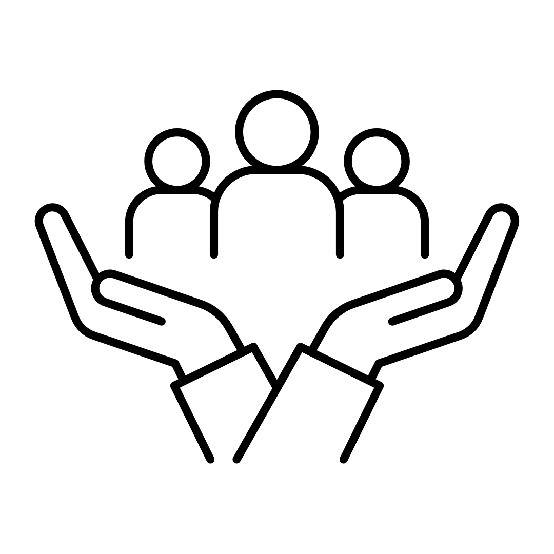 Outline of two hands holding three people on a white background