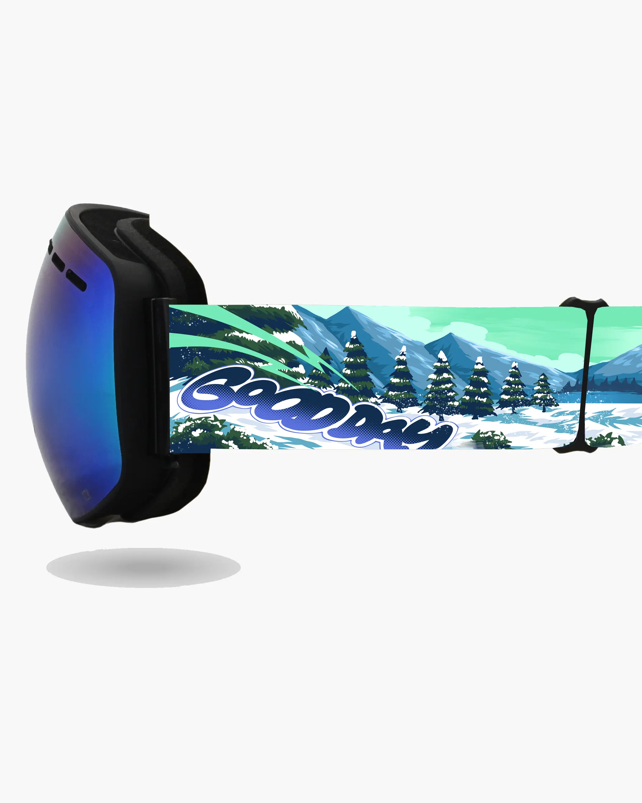 Nexarina x Good Day Optics goggle with a blue mirrored lens. The left-side strap displays a winter forest scene with 'Good Day' in bold text.