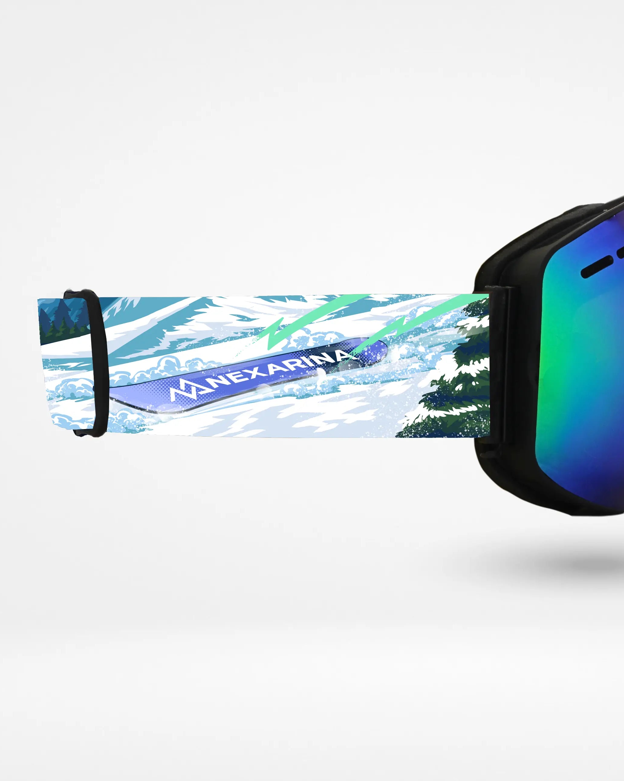 Nexarina x Good Day Optics goggle with a black frame and blue mirrored lens. The right-side strap features a snowy mountain scene and Nexarina logo.