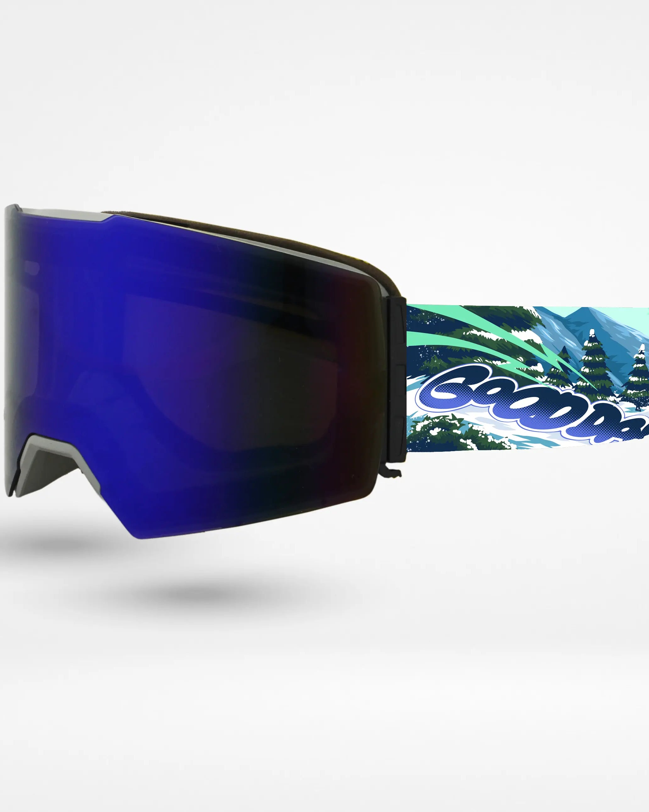 Angled view of Nexarina x Good Day Optics goggle, featuring a magnetic lens system, ergonomic fit, and custom strap integration.