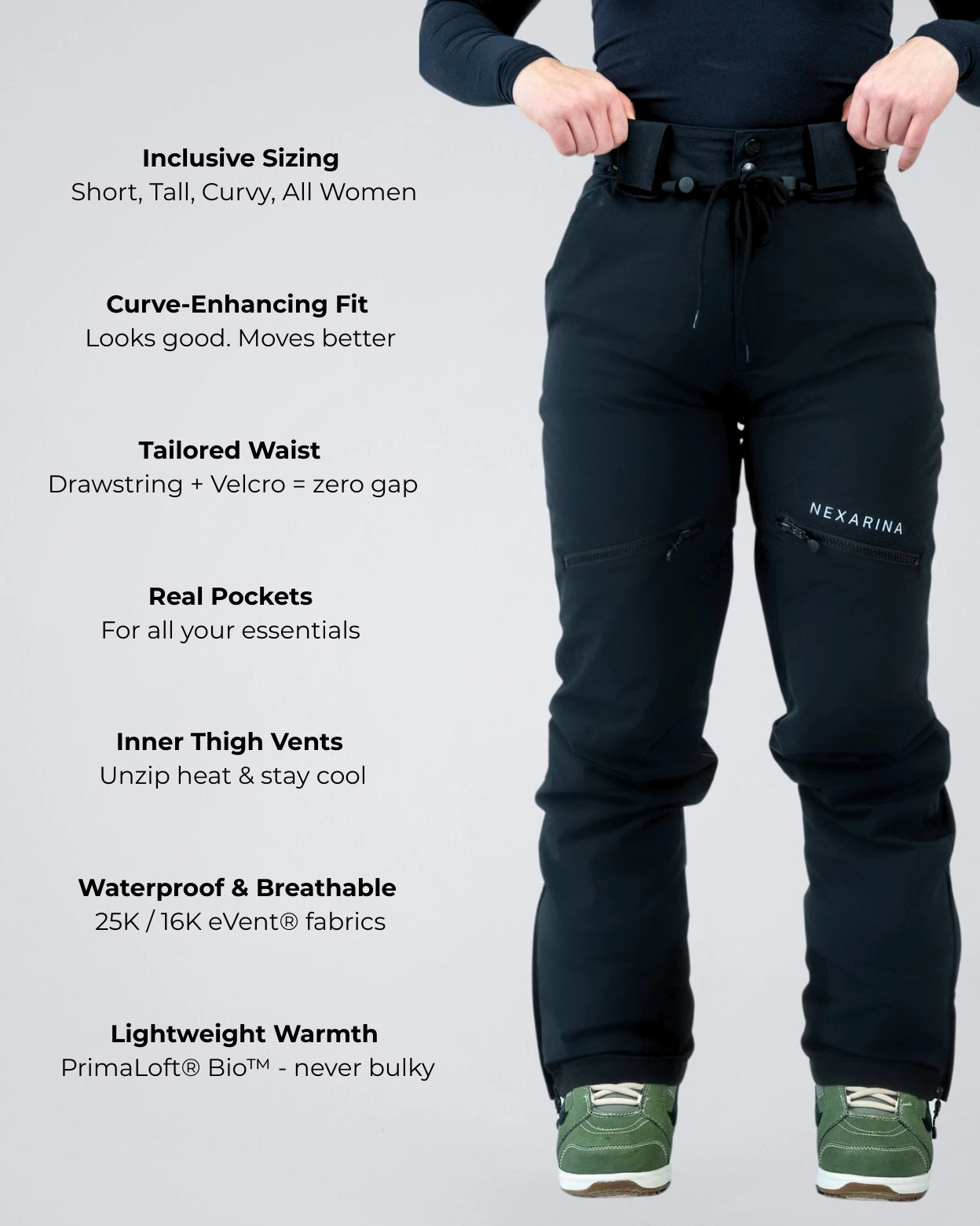 Nexarina Avani Snow Pants logo showing premium features.