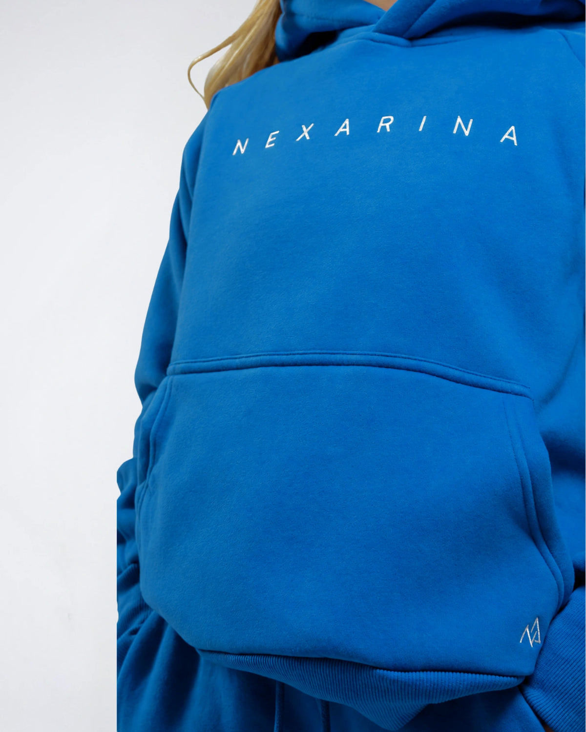 Close-up of the Nexarina Everly Hoodie in Dusty Blue showing the front logo and kangaroo pocket