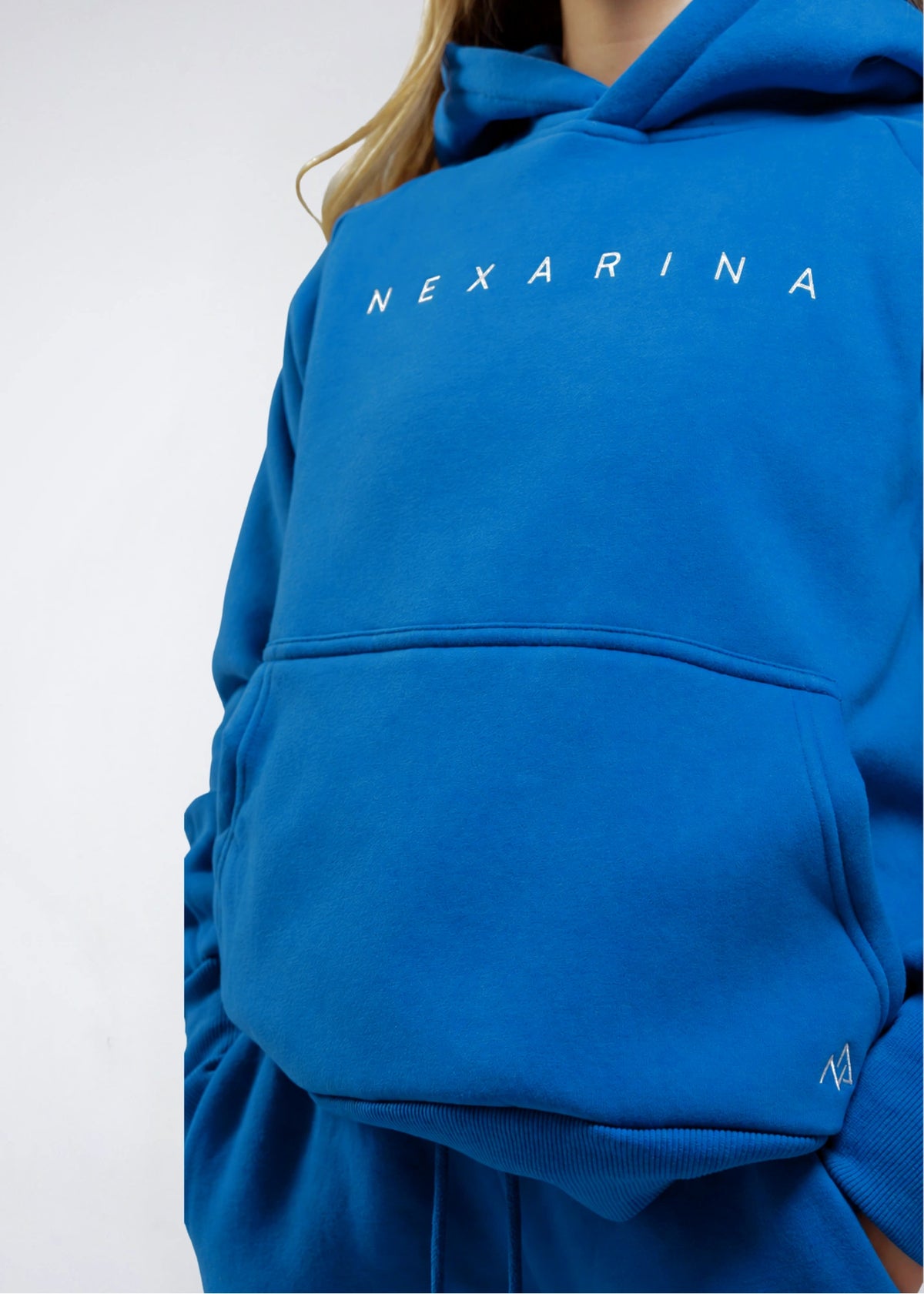 Close-up of the Nexarina Everly Hoodie in Dusty Blue showing the front logo and kangaroo pocket