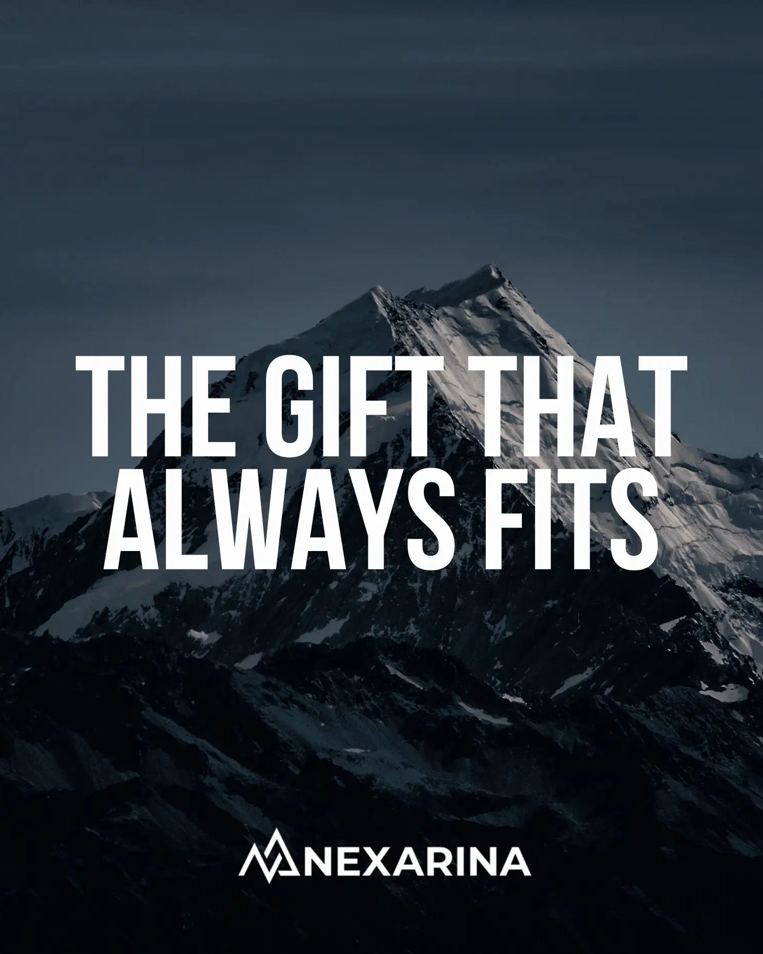 Mountain landscape with text 'The Gift That Always Fits' and brand logo 'Nexarina'.