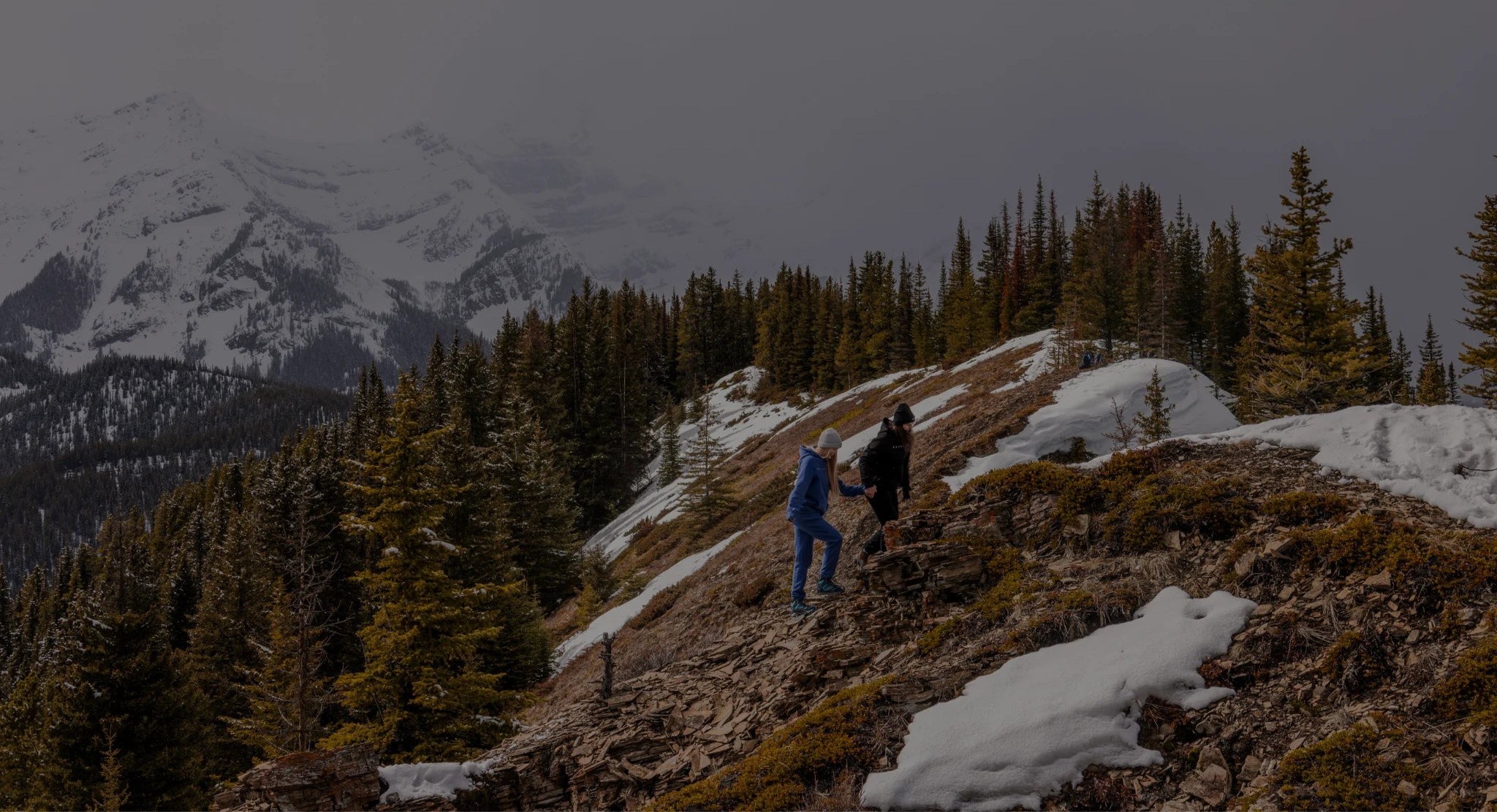 Two hikers on a mountain trail with snow-capped peaks and trees in the background