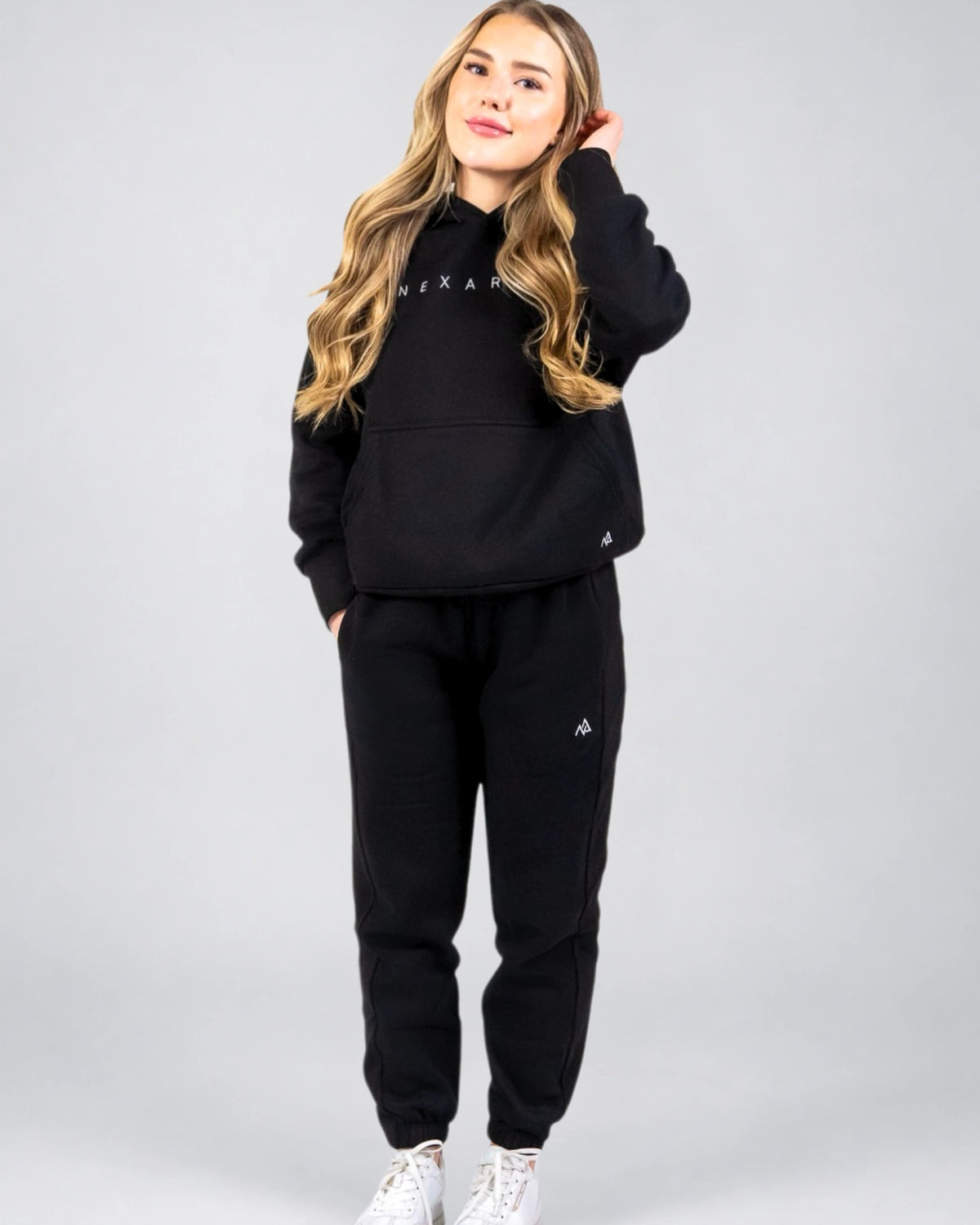 Nexarina Midnight Black Willow Sweatpants styled with the matching Everly Hoodie