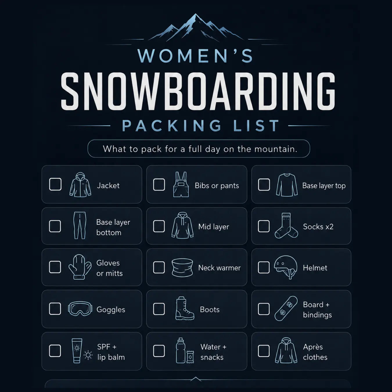 Womens snowboarding packing list