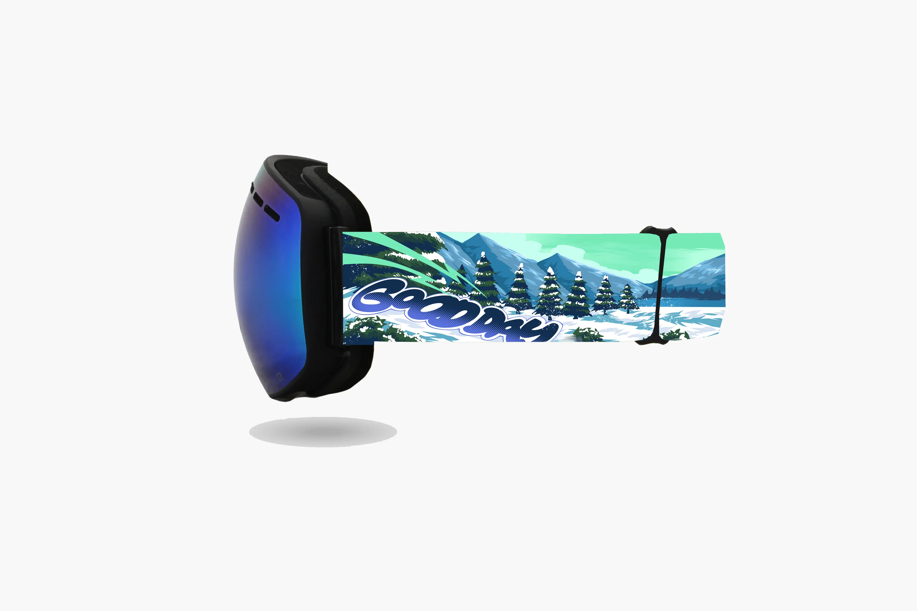 Nexarina x Good Day Optics goggle with a blue mirrored lens. The left-side strap displays a winter forest scene with 'Good Day' in bold text.