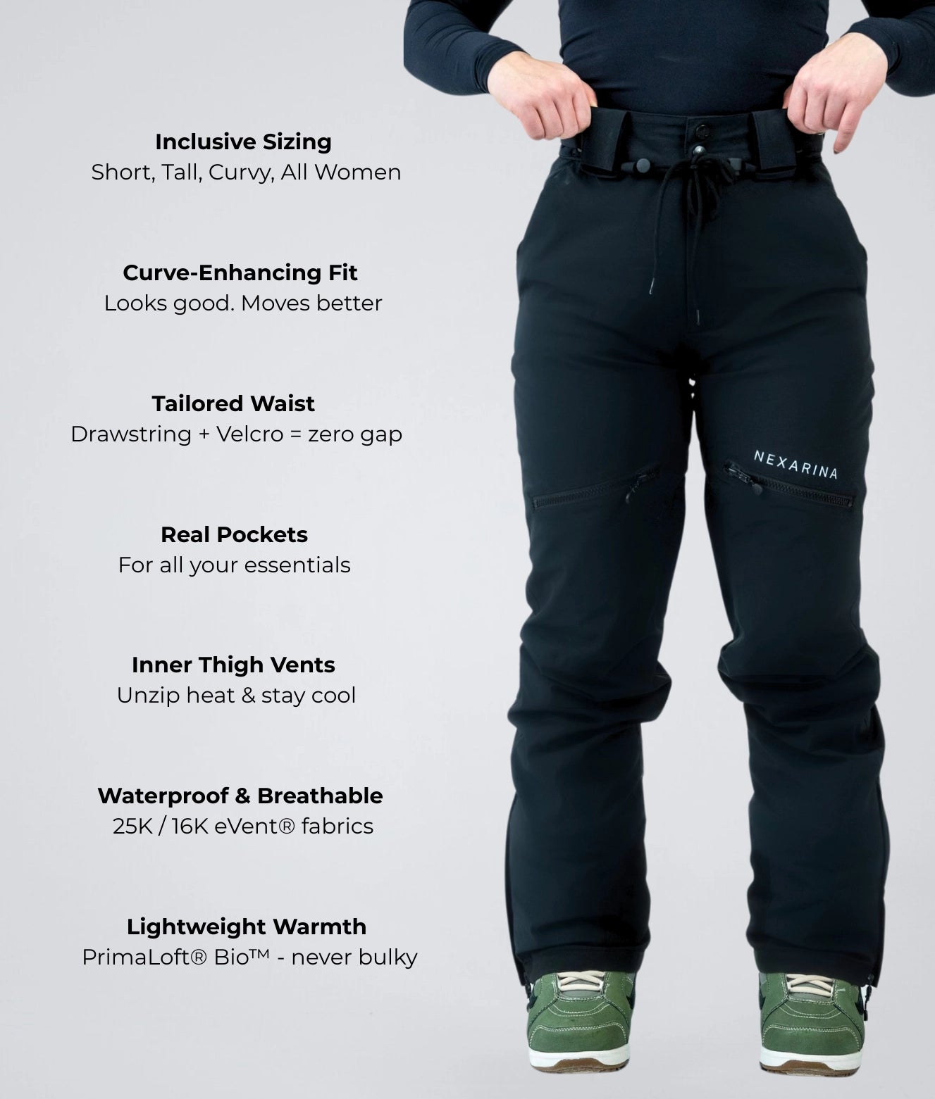 Nexarina Avani Snow Pants logo showing premium features.
