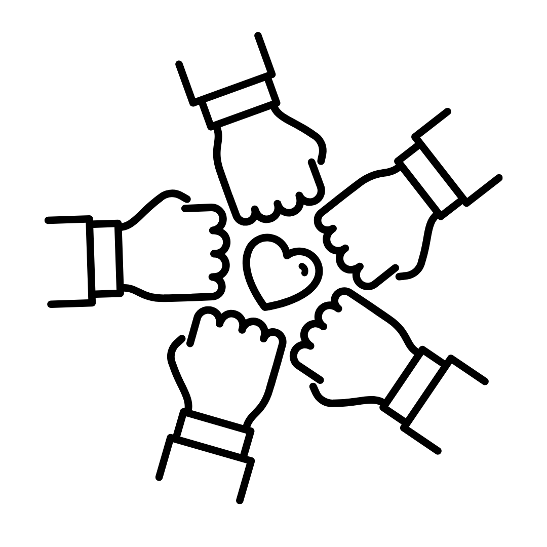 Illustration of four hands holding a heart together on a white background