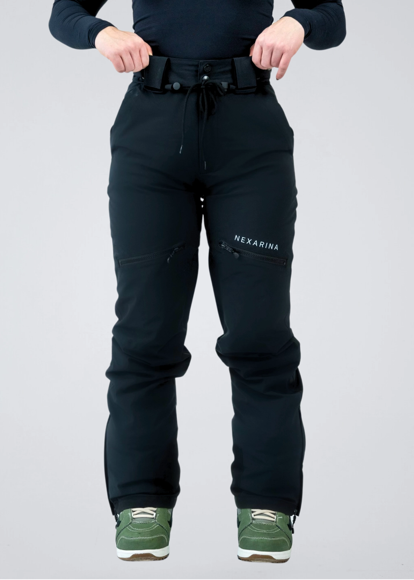 Nexarina Avani women's black snow pants front fit detail studio