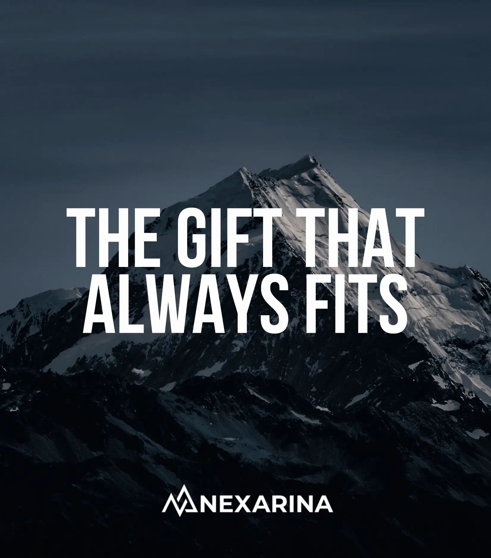 Mountain landscape with text 'The Gift That Always Fits' and brand logo 'Nexarina'.