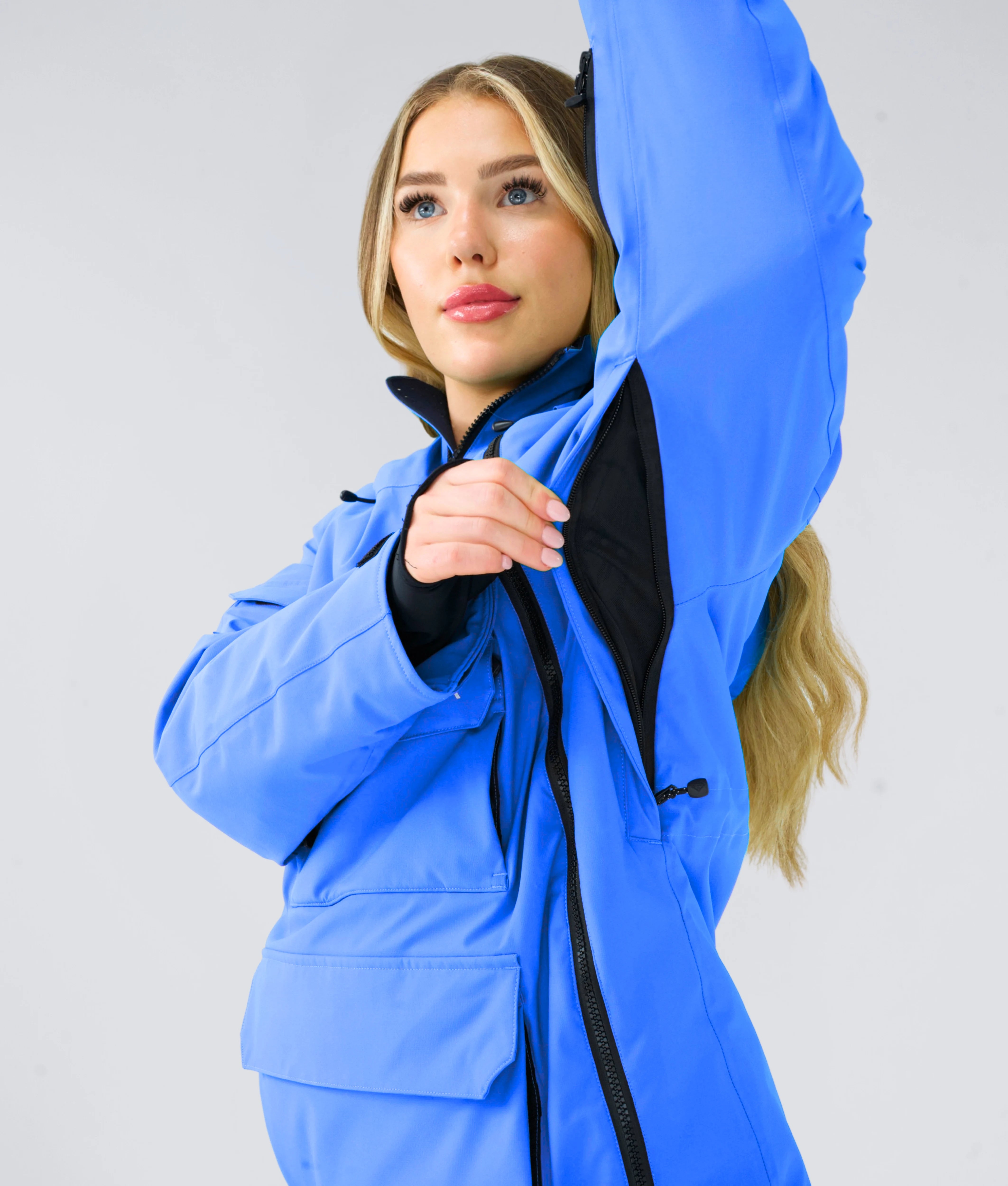 Close-up of Nexarina Indy Jacket in Arctic Blue showing vent and fabric detail.