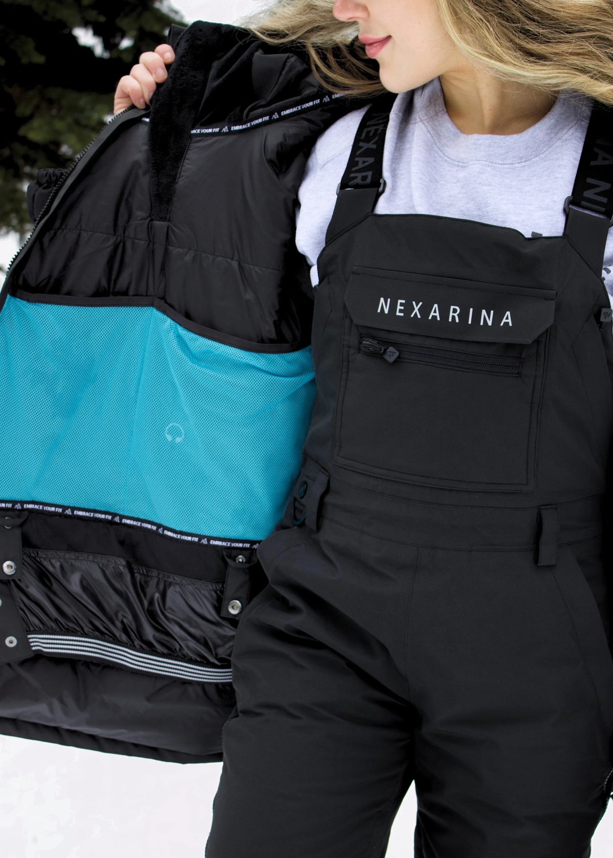 Inner jacket view of Nexarina Indy Classic Black women's insulated ski jacket