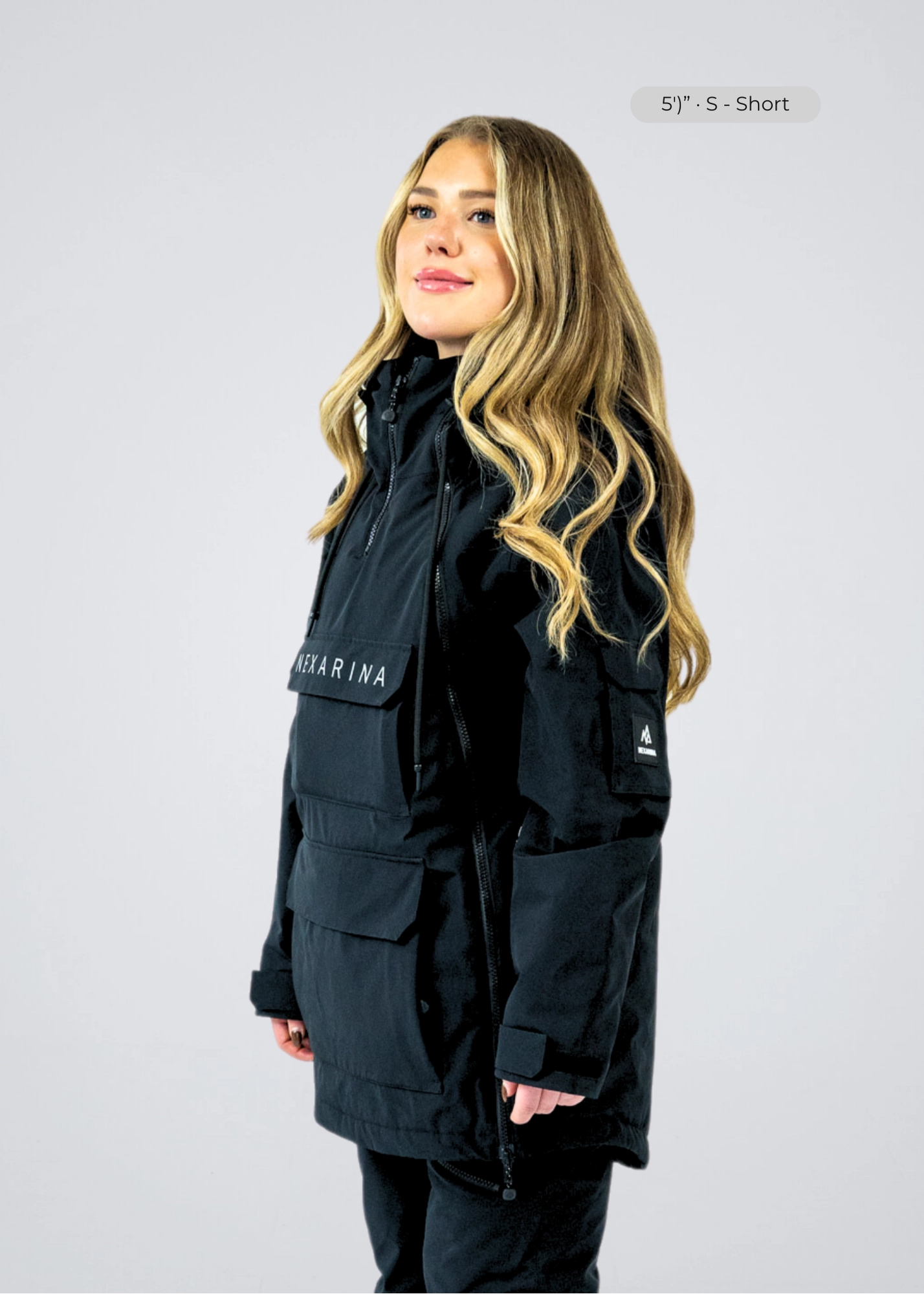 Nexarina Indy women's black snowboard jacket side profile studio